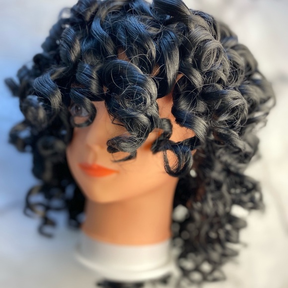 Black Curly Wig With Bangs - Picture 6 of 7